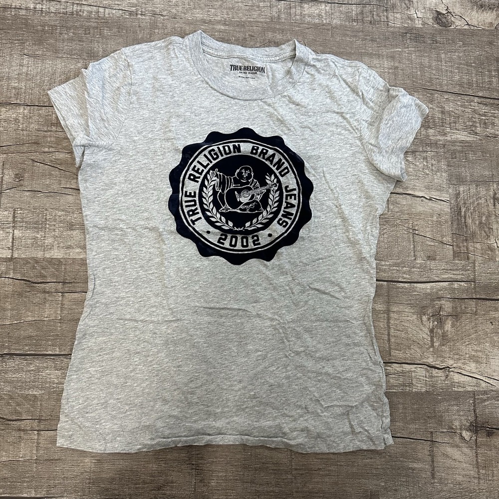 True Religion Collegiate Crest Slim Crew Tee Gray‎ Sz M Velvet Logo Short Sleeve
